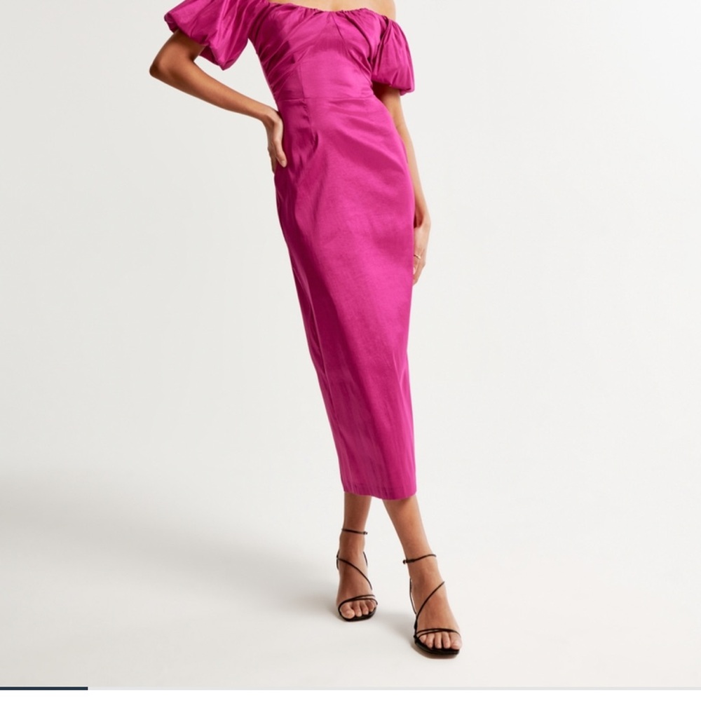 Abercrombie & Fitch Puff Sleeve Off-The-Shoulder Midi Dress
